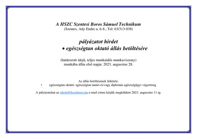 egészségtan oktató állás